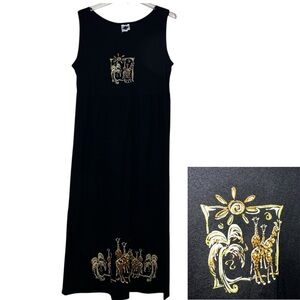 California Concepts Black Midi Dress Safari Giraffes Palm Trees Vintage Size 16